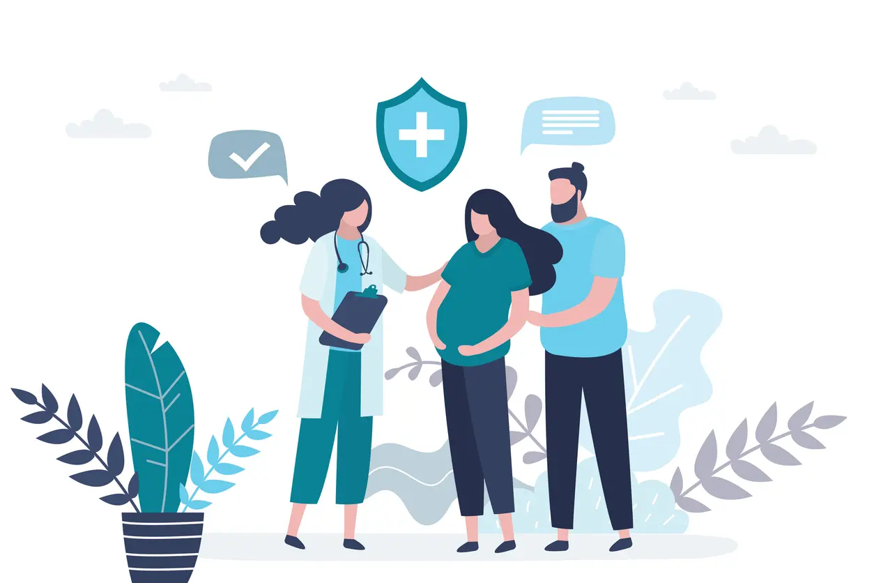 Prenatal medicine. Cute pregnant woman with husband and female doctor. Medical worker or nurse in uniform.